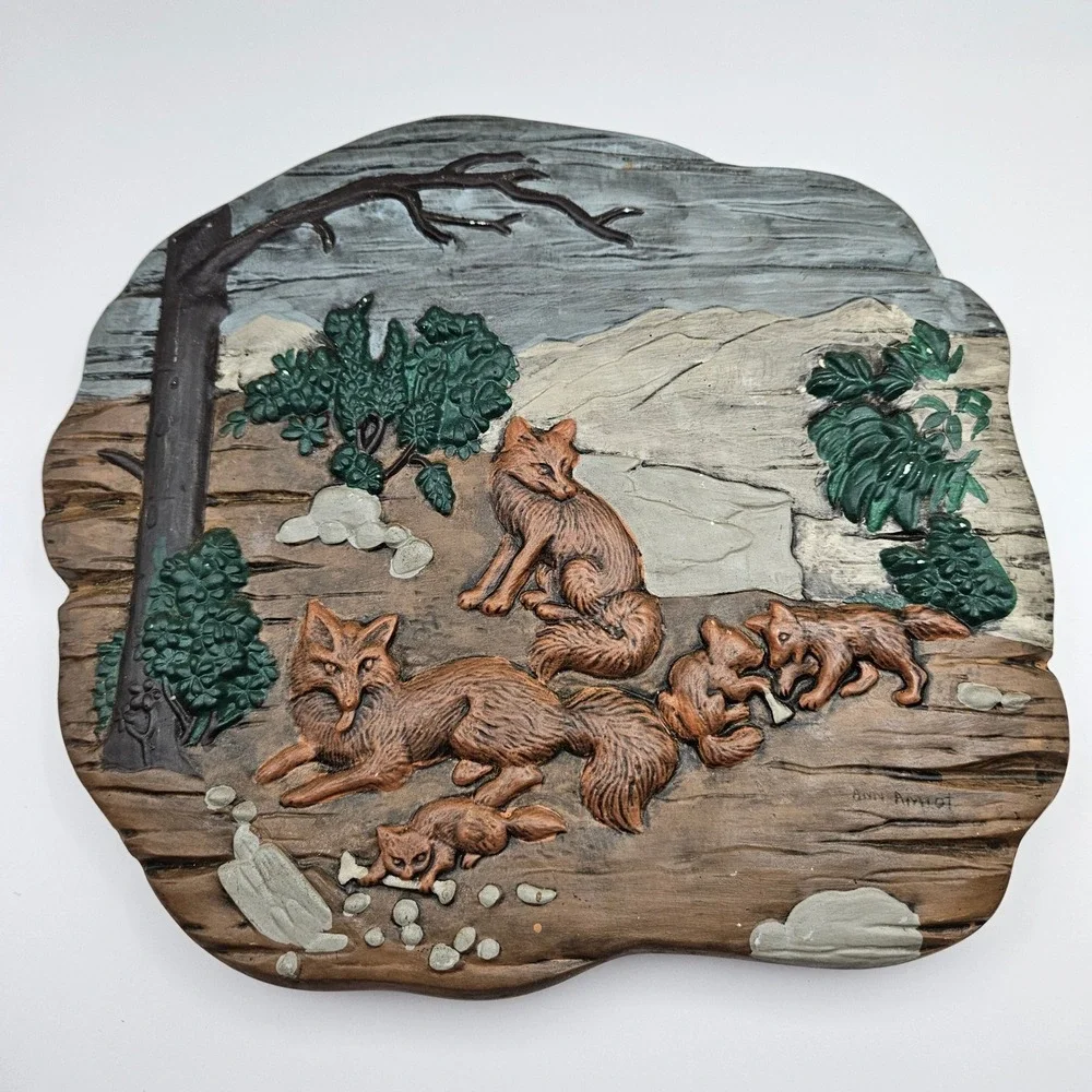 Vintage Chalkware Fox Family Wall Hanging Plaque